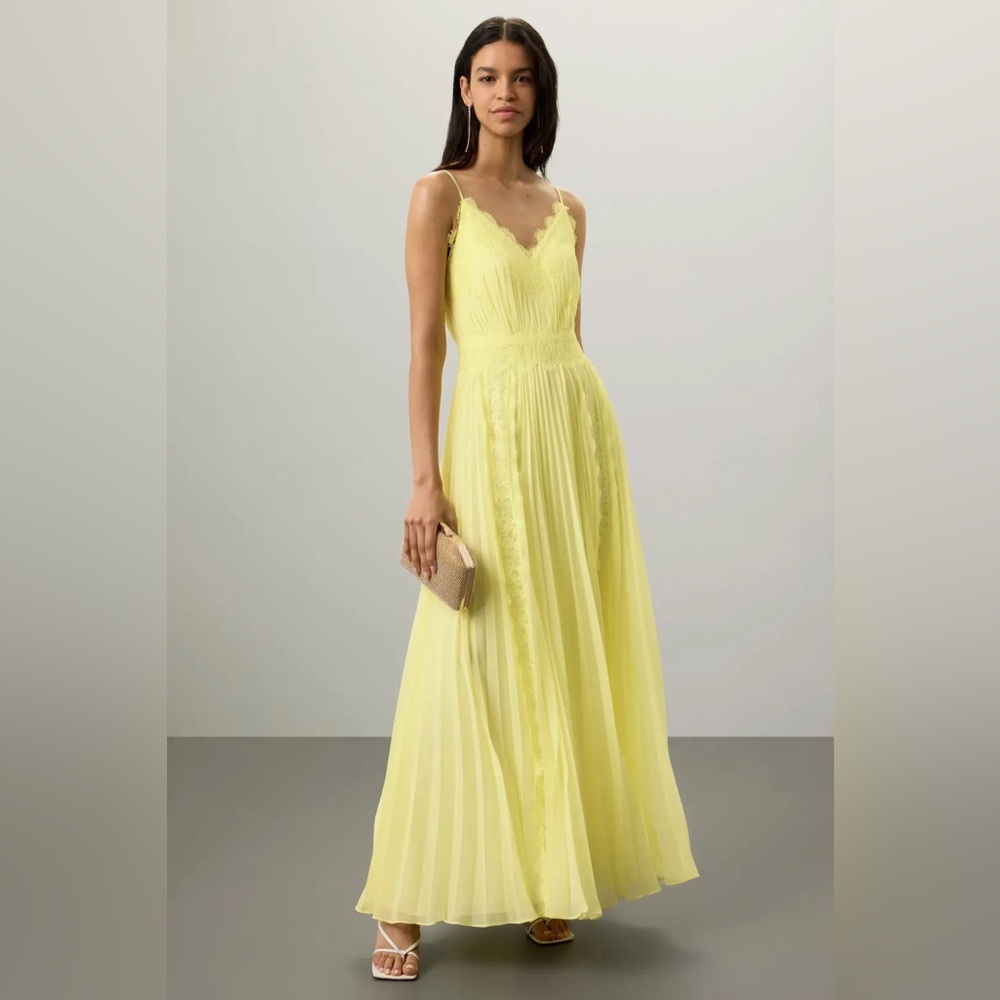 New Zac Posen Yellow Lace-Trimmed Pleated Chiffon Gown. Size 14